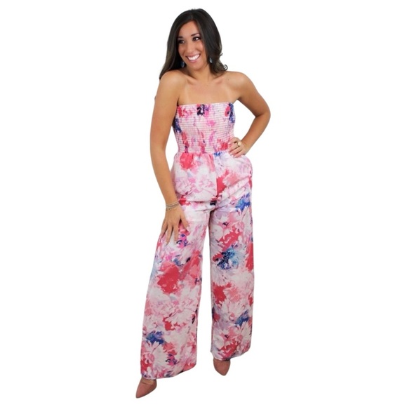 Peach Love California Floral Smocked Strapless Jumpsuit - Pink Multi NWT - Picture 1 of 7